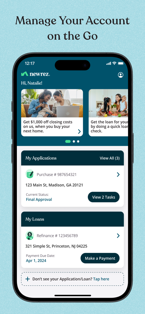 Newrez mobile app dashboard displaying mortgage loan status and payment options