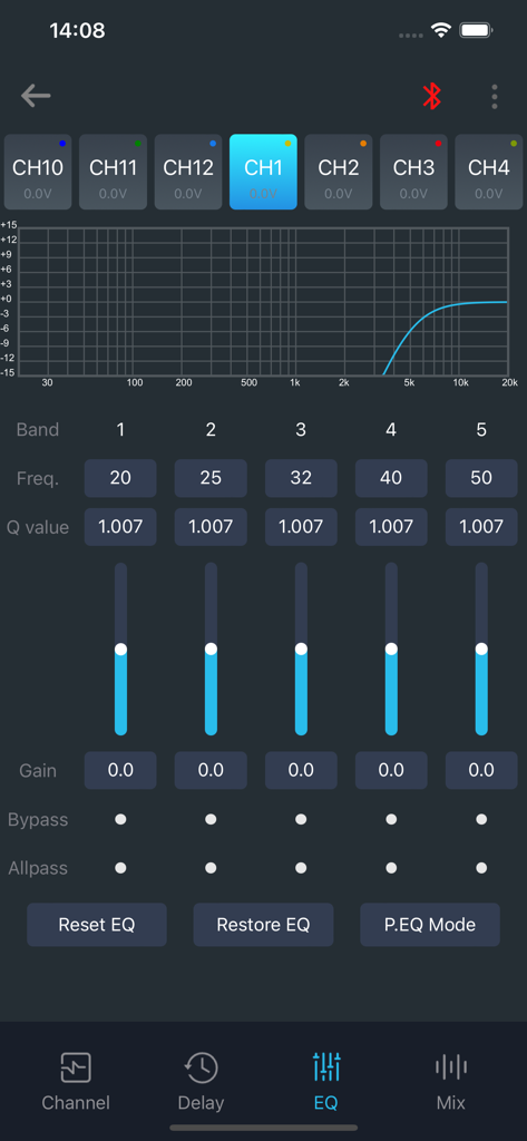 EZY-DSP - Aplicación móvil EZY-DSP que muestra la pantalla de afinación del ecualizador con bandas de frecuencia y deslizadores de ganancia para sistemas de audio de coche