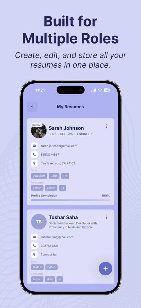VibeCV-Mobile-App-Bildschirm mit einer Liste gespeicherter Lebensläufe für verschiedene Stellenangebote