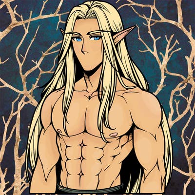 male elf with long hair and six pack realistic