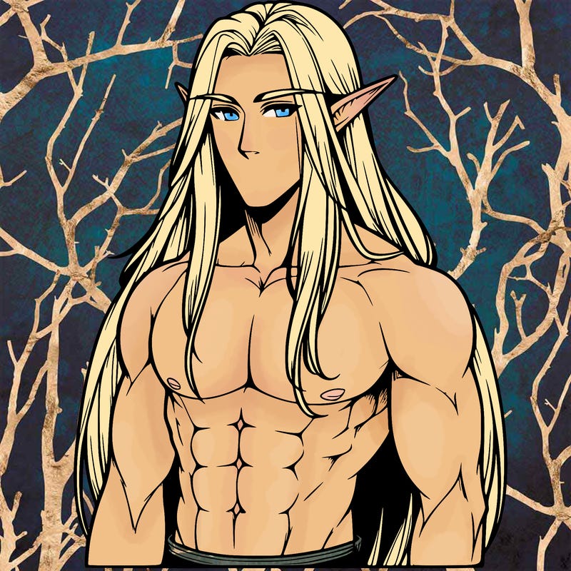 male elf with long hair and six pack realistic