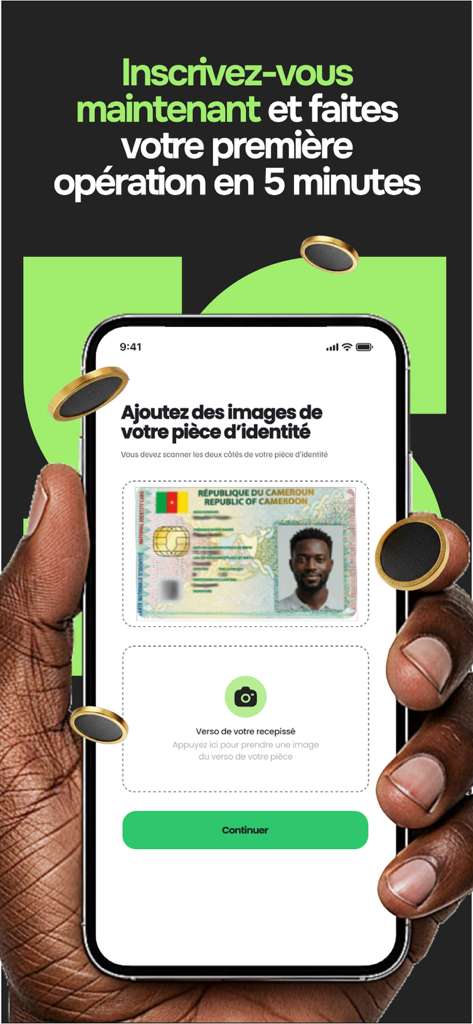 Sekure - Smartphone screen of Sekure app showing a Republic of Cameroon identity card being scanned for account verification.