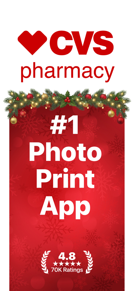Publicité de Noël de CVS Pharmacy pour l'application d'impression photo numéro un avec une note de 4,8 étoiles