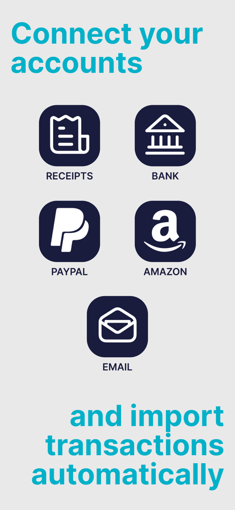 SimplyWise: Receipts, Expenses - SimplyWise app screen showing options to connect bank PayPal Amazon and email accounts for automatic transaction import