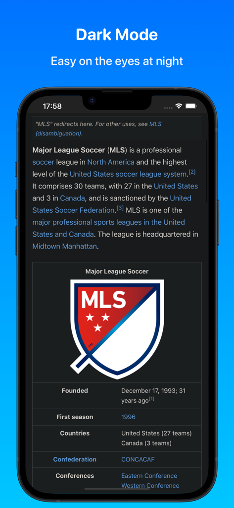 Focus - Userscripts & Player - Focus browser displaying a Wikipedia article in dark mode for a comfortable night reading experience.