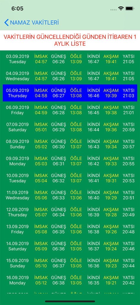 Ezan Vakti 앱에서 일일 이슬람 기도 시간을 보여주는 월별 기도 시간 목록입니다.