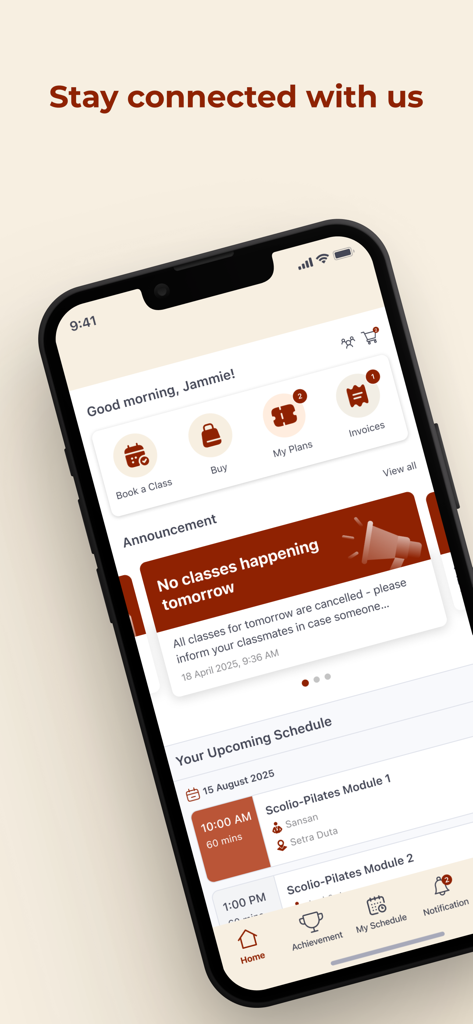 Firmpoint Pilates - Firmpoint Pilates mobile app dashboard showing class booking and upcoming schedule