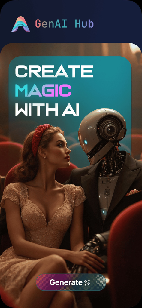 GenAI Hub app interface showing an AI generated image of a woman and a robot in a theater with the text Create Magic with AI