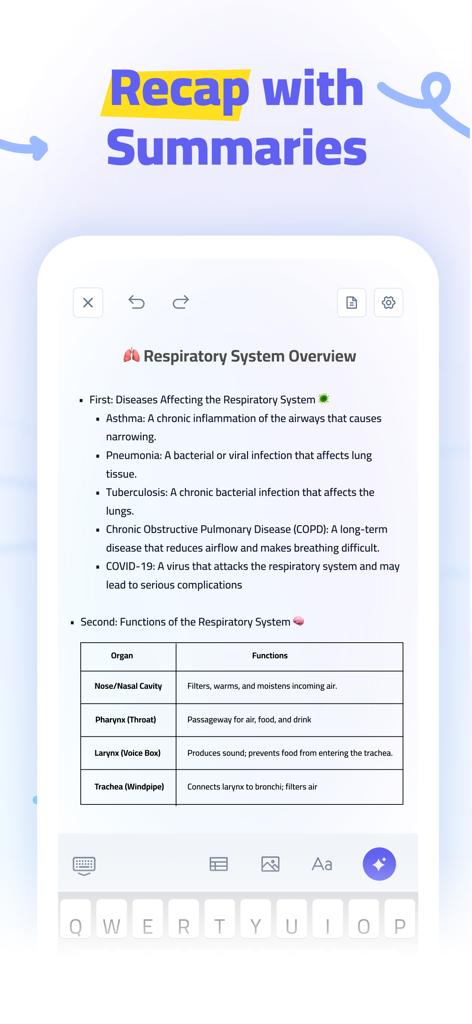 Bites: AI-Powered Studying! - Pantalla de la aplicación Bites que muestra un resumen de estudio de biología generado por IA con notas y una tabla de funciones de órganos