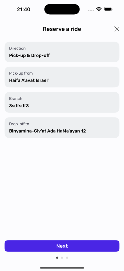 SHIFT world of transportation - Interface of SHIFT app for reserving a corporate shuttle ride including pickup and dropoff locations