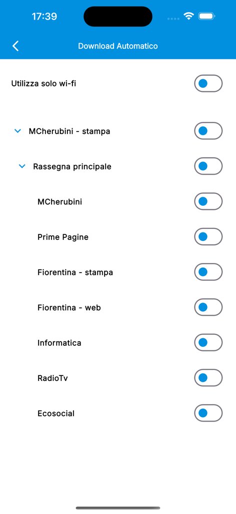 L'Eco della Stampa - Rassegna - Menú de configuración de descarga automática para categorías de monitoreo de medios.