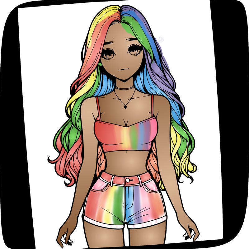 a realistic girl with long hair and in a crop top and shprts