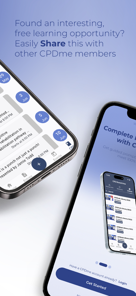 CPD Portfolio - CPD Portfolio app interface for sharing learning opportunities and viewing a calendar of upcoming professional development events.