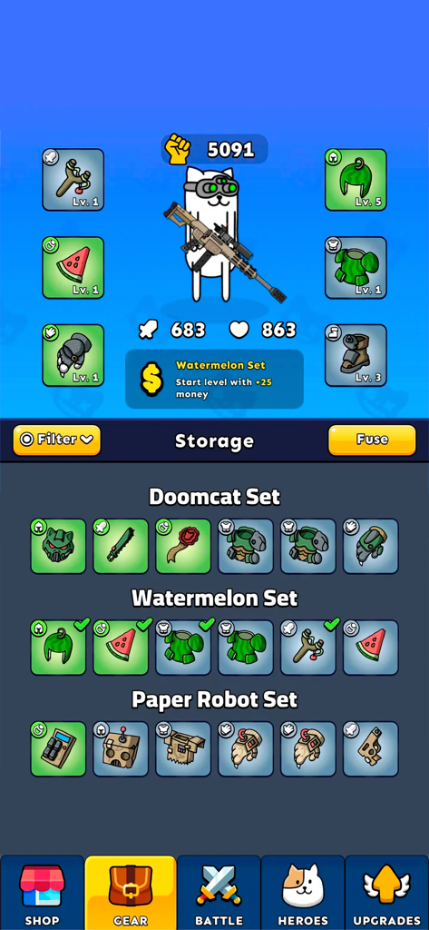 Inventory menu in Gun Hero showing a battle cat with equipped items and different gear sets