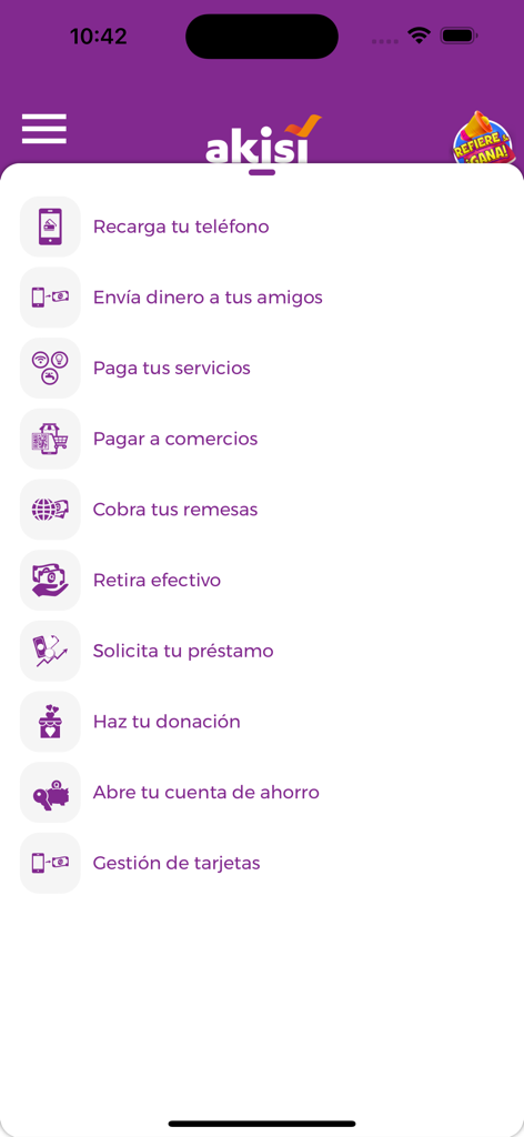 Akisi - Main menu of the Akisi digital wallet app displaying financial services in Spanish