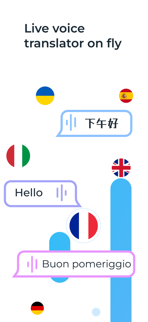 Translate Me - Translator - Live voice translator interface with speech bubbles in different languages and international flags
