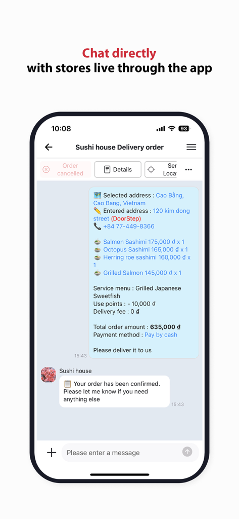 DELIVERY K - Tela do aplicativo móvel mostrando um chat ao vivo entre um usuário e um restaurante de sushi para um pedido de entrega