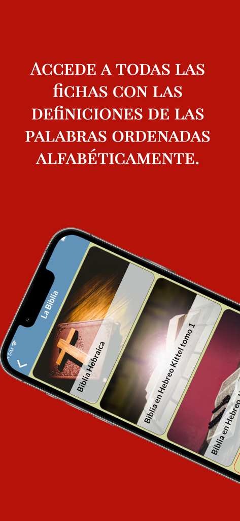 Menú de la aplicación Diccionario Hebreo Bíblico con definiciones ordenadas alfabéticamente