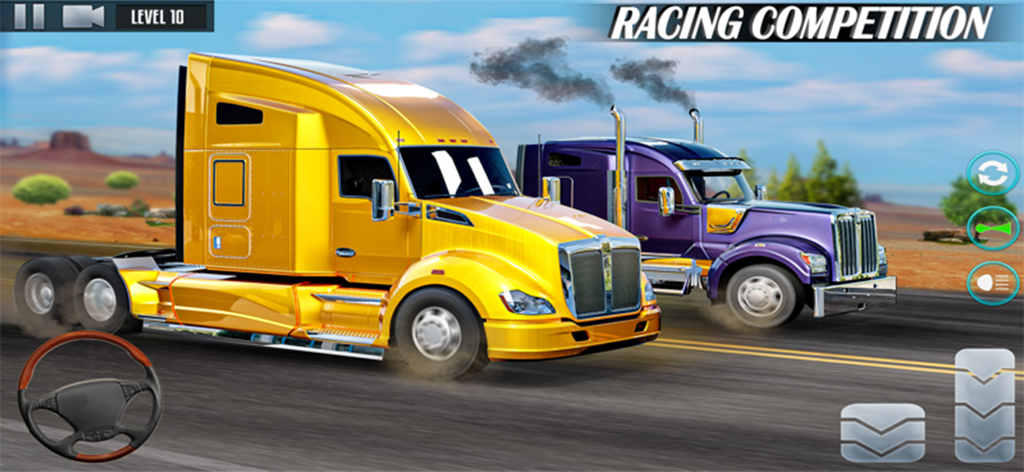 Truck Games – Truck Simulator - Dos camiones semirremolque compitiendo en una carretera abierta en un juego simulador de conducción de camiones