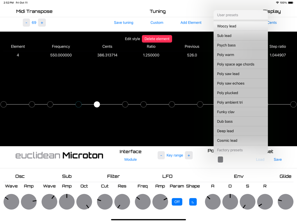 Interfaz de la aplicación de sintetizador Microton que muestra un menú desplegable de preajustes de usuario y datos de afinación técnica