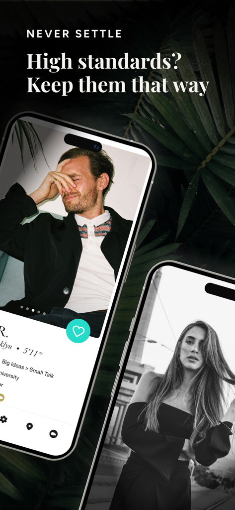 The League: Intelligent Dating - The League dating app interface showing professional user profiles with the slogan High standards Keep them that way