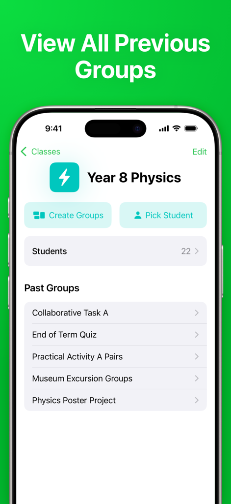 La interfaz de la aplicación Grupos que muestra un historial de listas de equipos y agrupaciones de estudiantes anteriores para una clase de física.