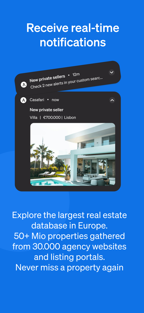Alerta de notificación push en tiempo real para un nuevo listado de villa de vendedor privado en Casafari AI
