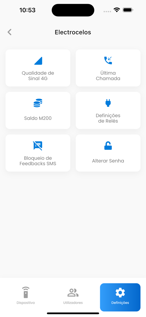 Motorline MCONTROL - Pantalla de configuración de la aplicación Motorline MCONTROL que muestra las opciones de configuración para la relé de señal 4G y la seguridad
