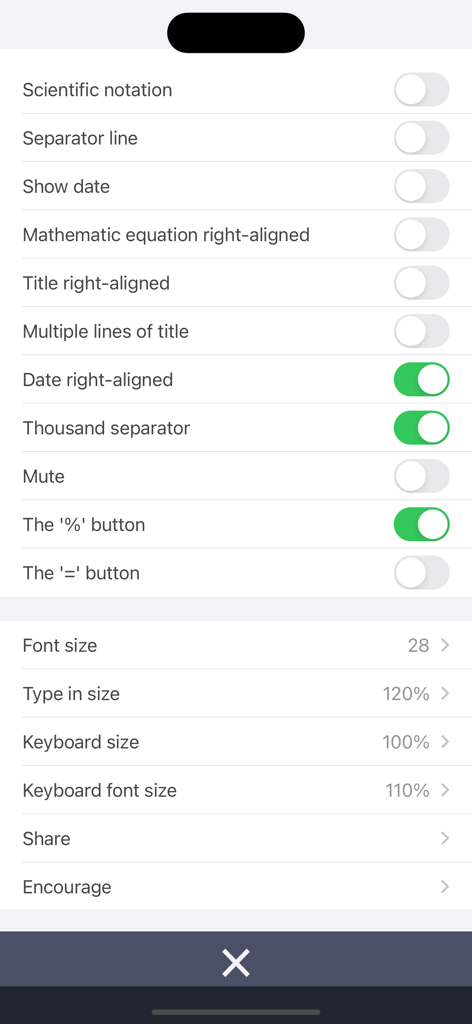 Calculator with History Tape - Settings screen of the Calculator with History Tape app showing customization options for font size and display formatting.