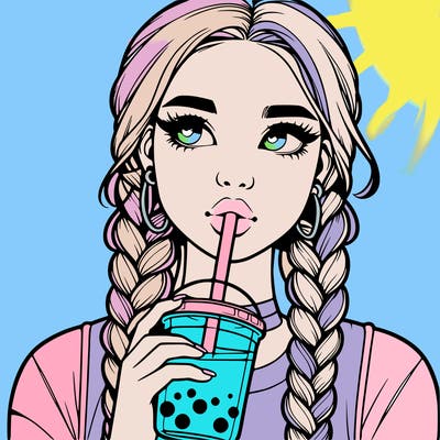 realistic girl with braided hair drinking boba