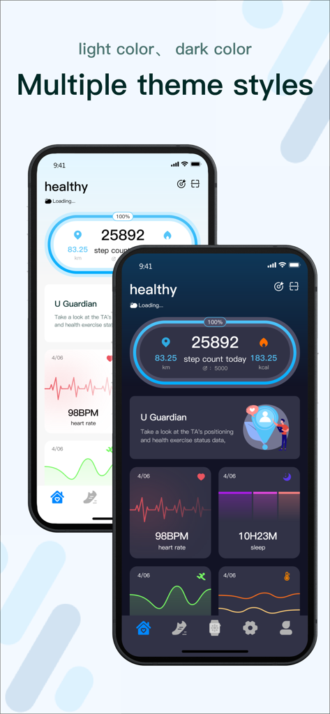 M2 Wear - Interface of M2 Wear app showing light and dark theme styles for health tracking