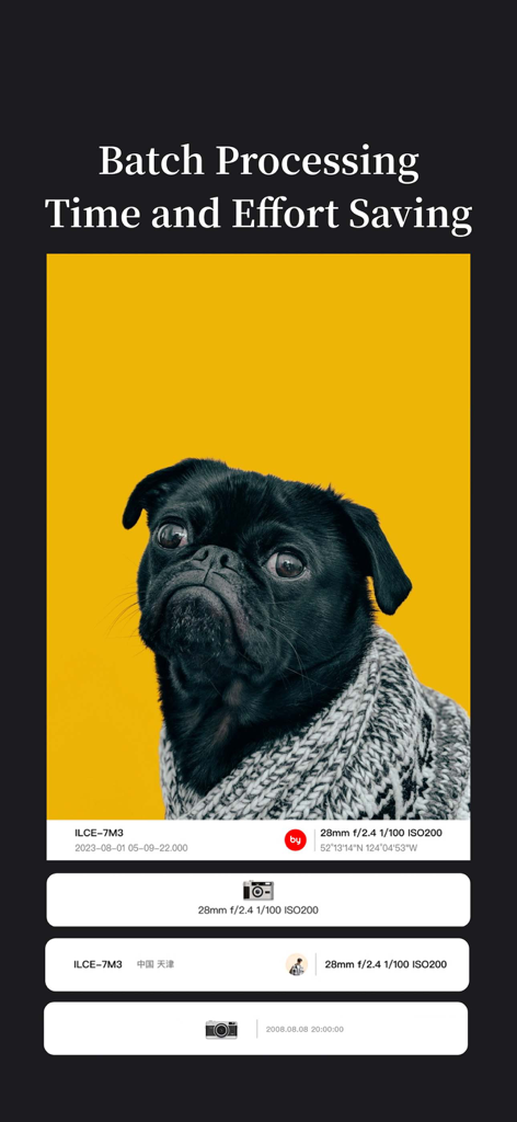 PhotoBy-Batch adding borders - PhotoBy app interface showing batch processing for adding professional photo borders with EXIF metadata