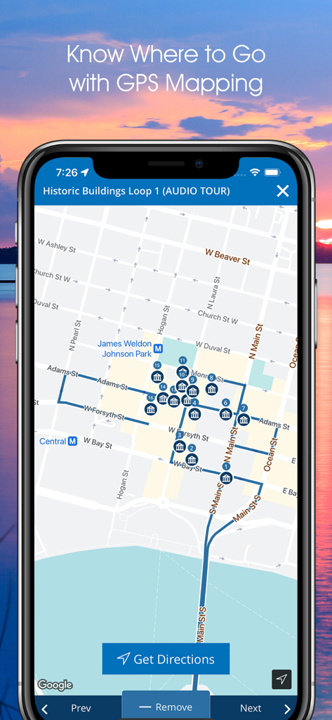 Visit JAX! - GPS mapping screen in the Visit JAX app showing a historic buildings audio tour route