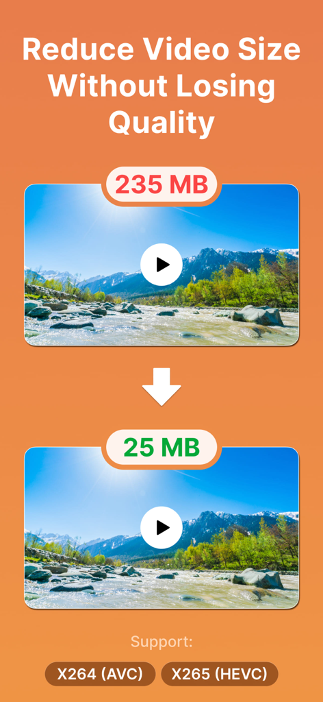 Video Compressor : Save Space - Comparação mostrando o tamanho de um arquivo de vídeo reduzido de 235 MB para 25 MB sem perder qualidade