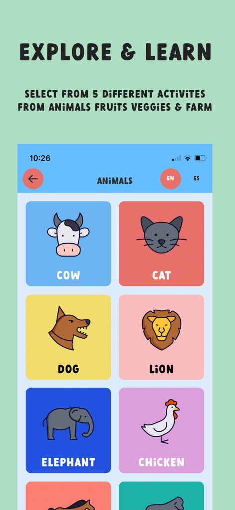 games for kids: Farm Sounds - Colorful interface of the Farm Sounds educational app showing animal tiles for toddlers to learn words in English and Spanish