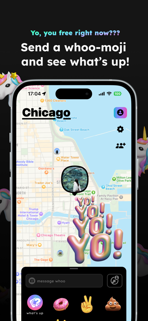 大きなYO絵文字のやり取りで、シカゴの友達の位置を示すwhooアプリのマップインターフェース