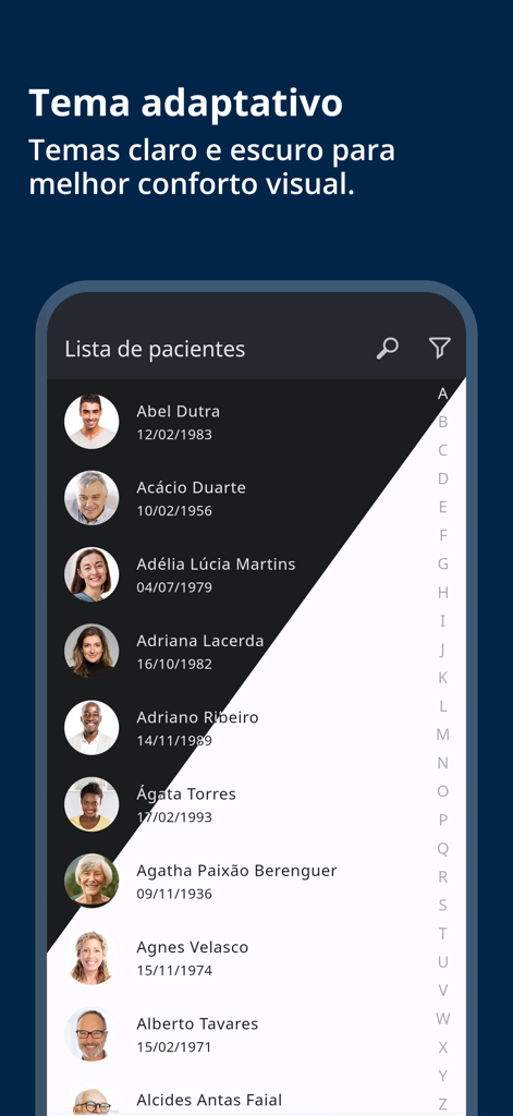 HiDoctor Mobile app patient list interface displaying a split-screen comparison between light and dark themes for visual comfort.