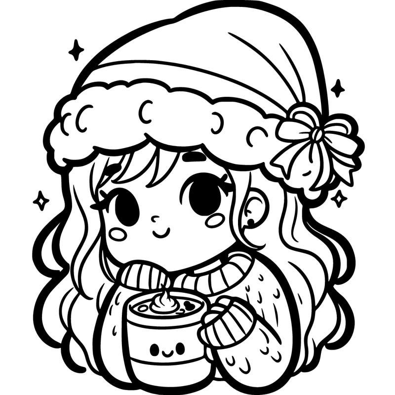 a girl with a santa hat and hot chocolate in a mug