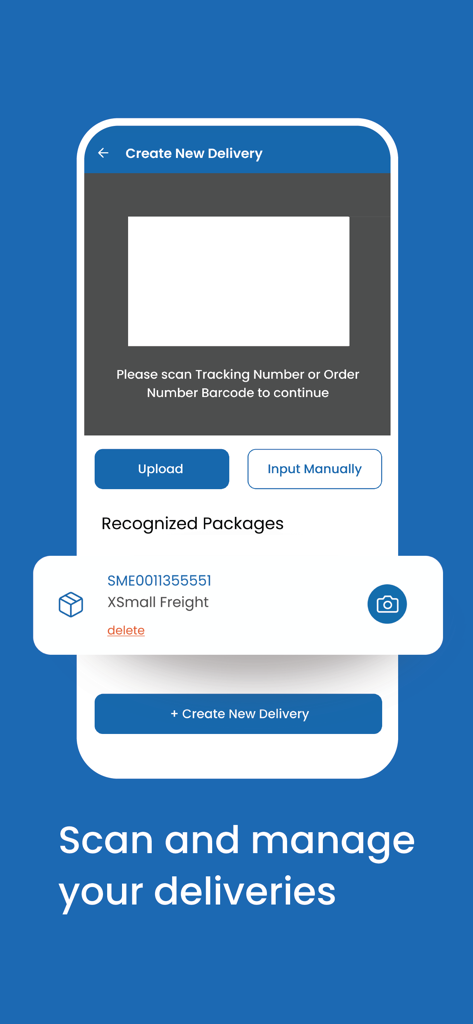 Snapmart Rider's App - Pantalla de la App Snapmart Rider que muestra el escáner de códigos de barras para crear y gestionar nuevas entregas