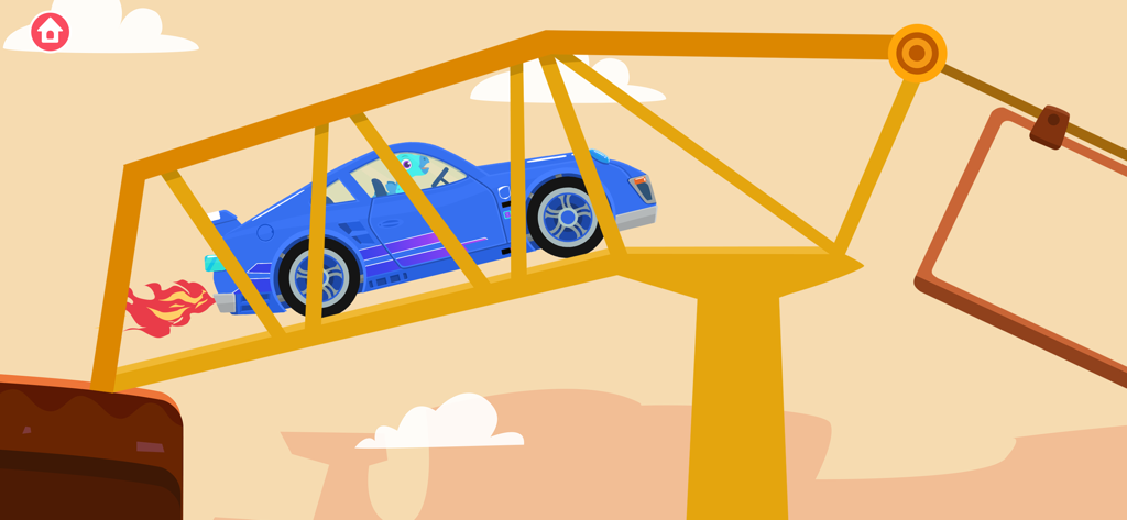 Dinosaurier fährt einen blauen Sportwagen über eine gelbe Brücke.