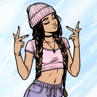 realistic teenage girl with braids and a beanie and crop top doing 🫶🏼