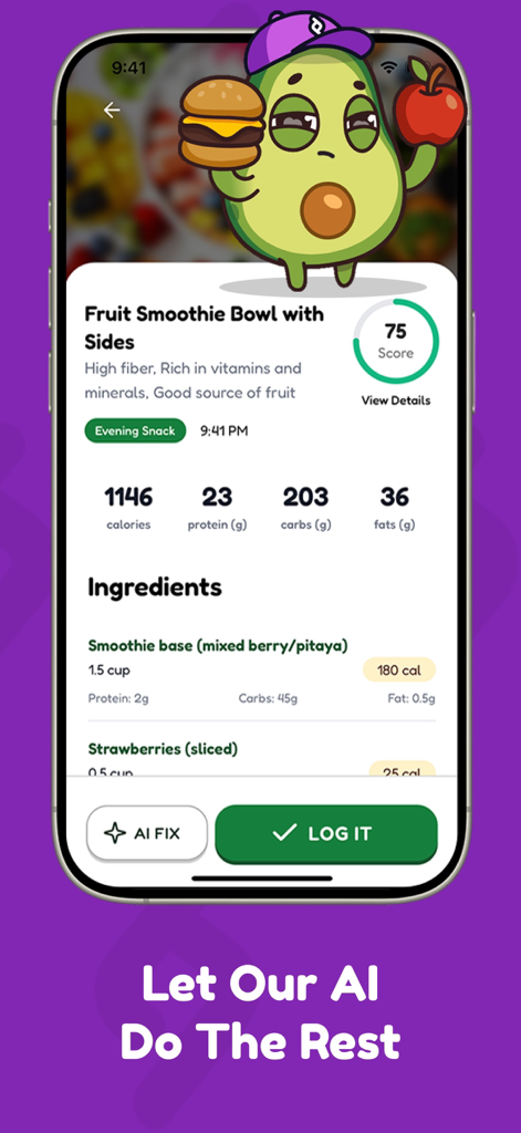 Amino: Free AI Calorie Tracker - Interfaz de la aplicación Amino que muestra el análisis nutricional de IA para un tazón de batido de frutas, incluyendo calorías, macronutrientes y puntuación de salud