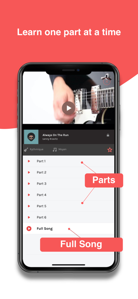 Play Guitar Hits - Play Guitar Hits app interface showing a song lesson divided into specific parts for structured learning.