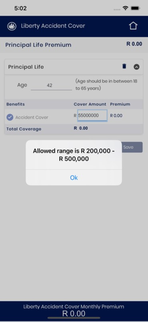 Liberty Funeral and Risk Cover - Liberty Accident Cover app interface showing a premium calculation and an error message for coverage range.