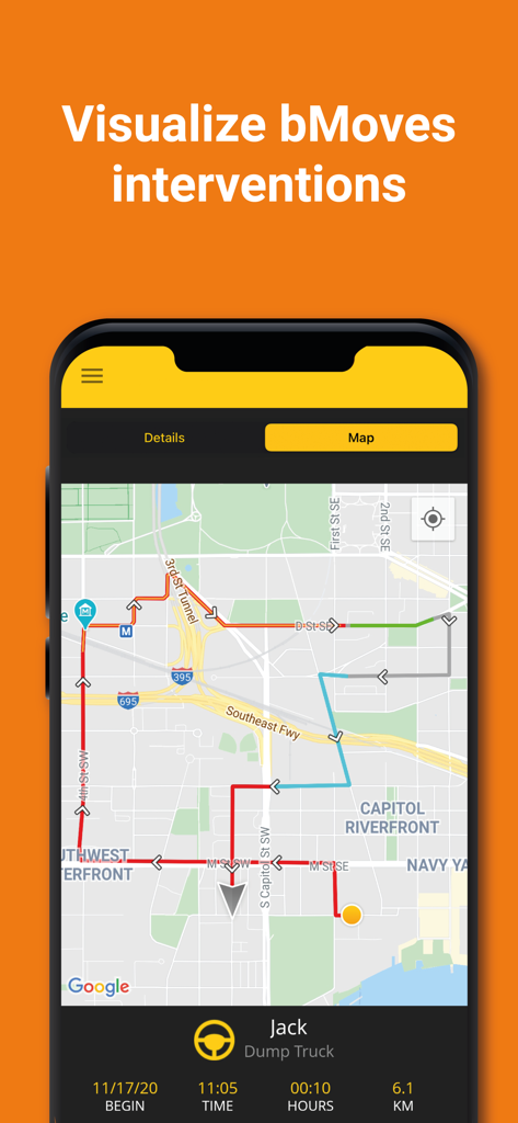 RWIS - RWIS App Kartenansicht mit farbkodierten Fahrzeugrouten und Echtzeit-Flottenverfolgung für bMoves-Interventionen.