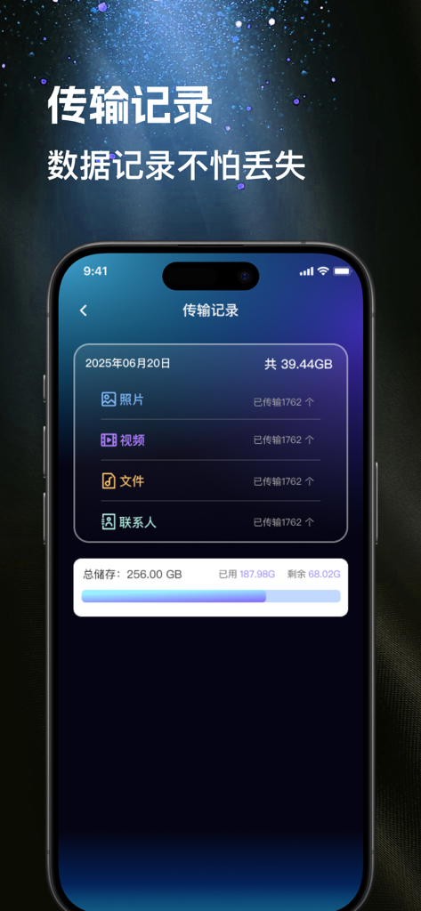 A mobile app screen displaying transfer history for photos, videos, files, and contacts with storage usage details.
