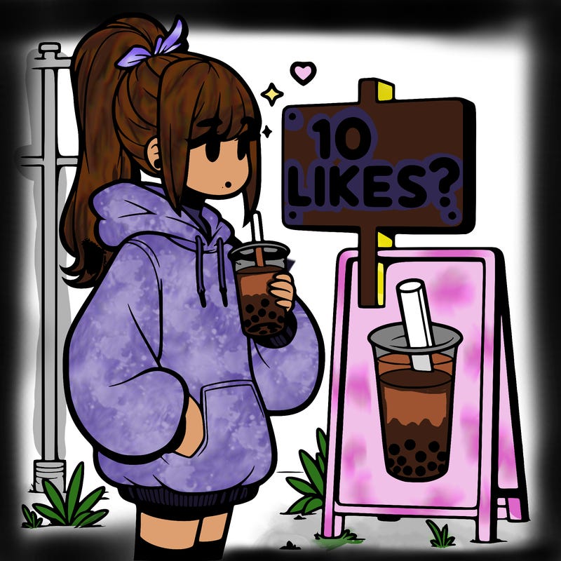 girl with oversized hoodie drinking boba and she has a high ponytail with a sign that says 10likes?