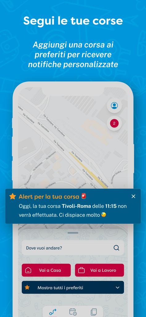 Cotral: trasporti nel Lazio - Cotral transitアプリのモバイルスクリーンショット。地図と、お気に入りのルートのリアルタイム旅行キャンセルアラートを表示。