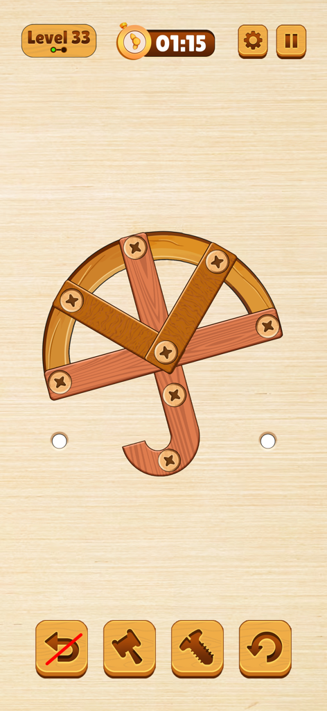 Wood Nuts & Bolt: Screw Puzzle - Una captura de pantalla del juego de Wood Nuts and Bolts Screw Puzzle que muestra placas de madera con forma de paraguas.