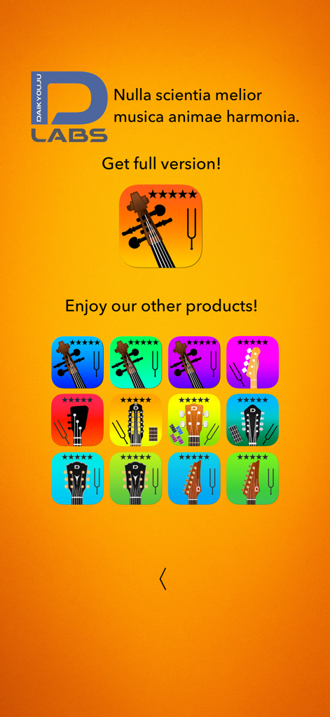 Violin Tuner Basic app promotional screen showcasing the full version and other instrument tuning apps by D Labs